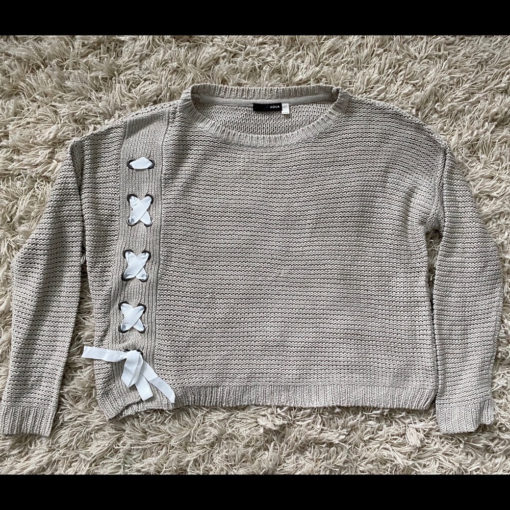 Bloomingdales Aqua Tan with White Lace Up Ribbon Sweater